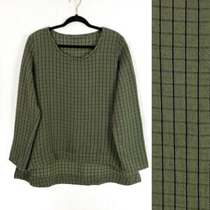 Cut Loose Linen Blend Tunic Top Scoop Neck Grid Pattern Military Green Black